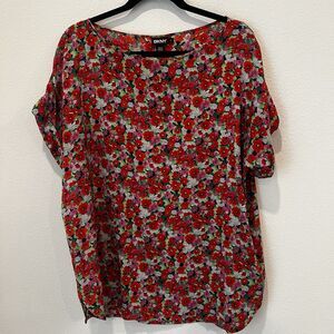 DKNY Woman Silk Blouse Floral Red/Pink/green/Black poppy Size L